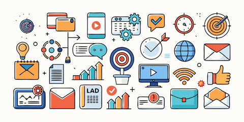 Digital marketing set of web icons in line style. Marketing icons for web and mobile app. Communication, advertising, ecommerce, seo, content, product, target audience, website
