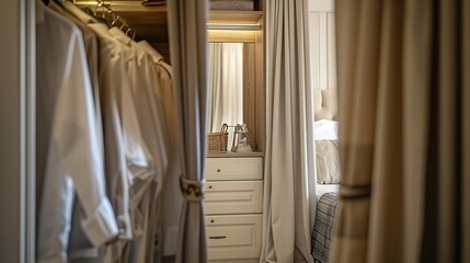 Elegant stylish wardrobe for clothes with closet mirror pouf curtains Interior decoration details Modern aesthetic minimalist home bedroom interior design Luxury apartment interior : Generative AI