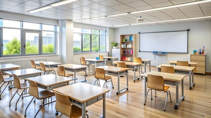Classroom setup with desks, chairs, whiteboard, and educational posters, education, students, school, learning