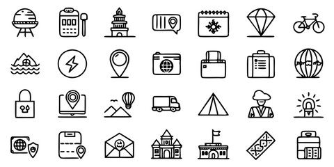 Travel and Tourism icon set with editable stroke. Travel and vacation thin line icon collection. Vector illustration.