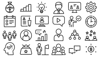 Workshop set of web icons in line style. Business Workshop icons for web and mobile app. Containing team building, teamwork, coaching, meeting, managing, coaching, motivation and more.