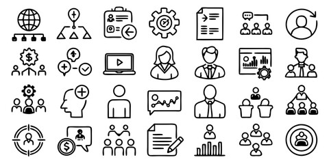 Workshop set of web icons in line style. Business Workshop icons for web and mobile app. Containing team building, teamwork, coaching, meeting, managing, coaching, motivation.