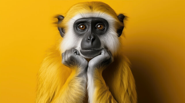 A yellow monkey sits, hands clasped, staring at the camera