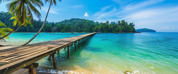 Naklejka premium Wooden pier stretching out over crystal clear blue water with a lush green tropical island in the background.