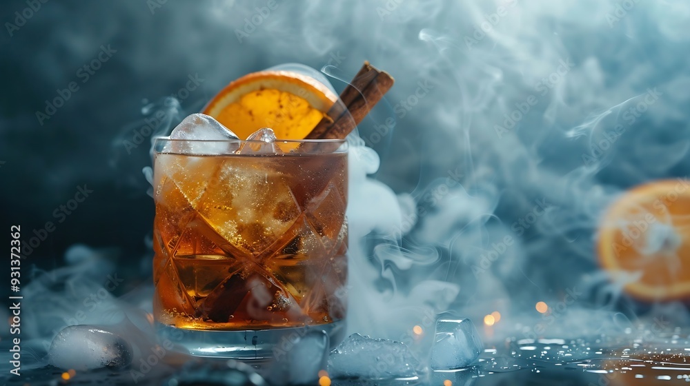 Poster smoked old fashioned rum cocktail or whiskey with ice and cinnamon stick on old black rocks with sli