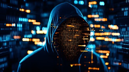 Obraz premium A hooded figure with a concealed face, surrounded by glowing lines of code and digital encryption, representing cyber-security threats in a dark, tech-infused background