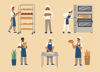 Bakery house workers cooking selling bread and pastry set