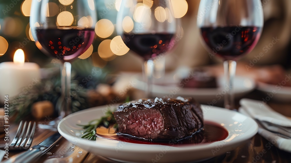 Poster table setting with plate of beef with glasses of red wine : Generative AI