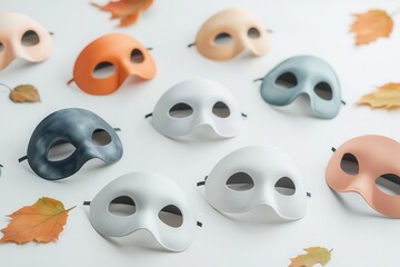 A collection of colorful masks arranged with autumn leaves, showcasing creativity and seasonal themes for artistic projects.
