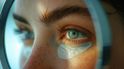 Undereye patches skincare and mirror of woman beauty and routine in morning dark circles and facial Treatment grooming and cleansing of skin proud and reflection of person and aestheti : Generative AI