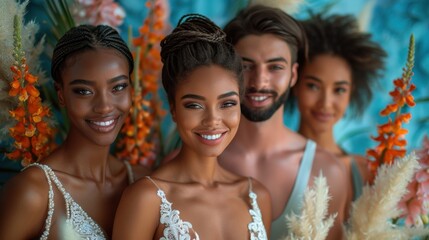 Obraz premium Group of diverse models posing together in vibrant floral setting during a fashion shoot
