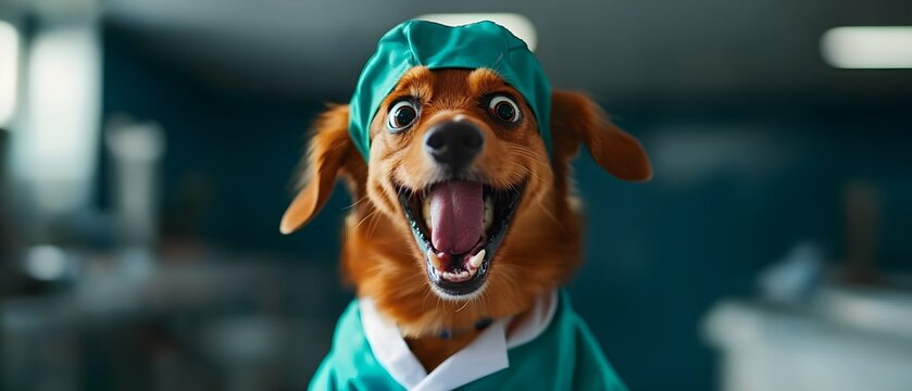 Comical scene of a dog dressed as a doctor, making a double-take with an exaggerated, goofy face in its scrubs