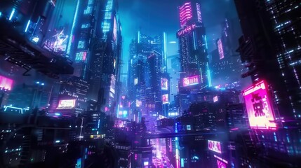 Obraz premium Imagine a futuristic cityscape where neon lights pulse to the rhythm of an electronic soundtrack