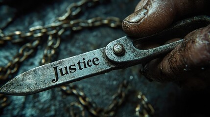 A chain being cut by scissors labeled "Justice"