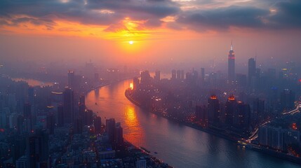 Naklejka premium Sunset over a bustling city skyline with a winding river reflecting the golden hues in the early evening