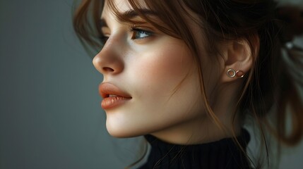Fototapeta premium Art portrait woman in black turtleneck Hair high beam perfect profile face Elegant beauty style Earrings in the ears : Generative AI
