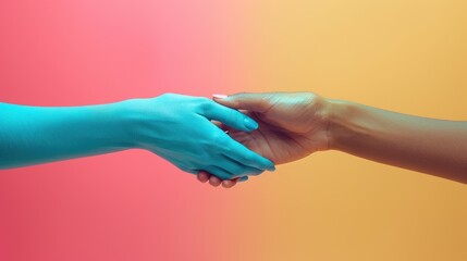 Hands of different skin tones and colors reaching out to each other against a gradient background