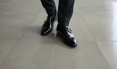 Fototapeta premium A close-up view of polished black dress shoes worn by a man in formal attire, symbolizing professionalism and elegance in a corporate environment.