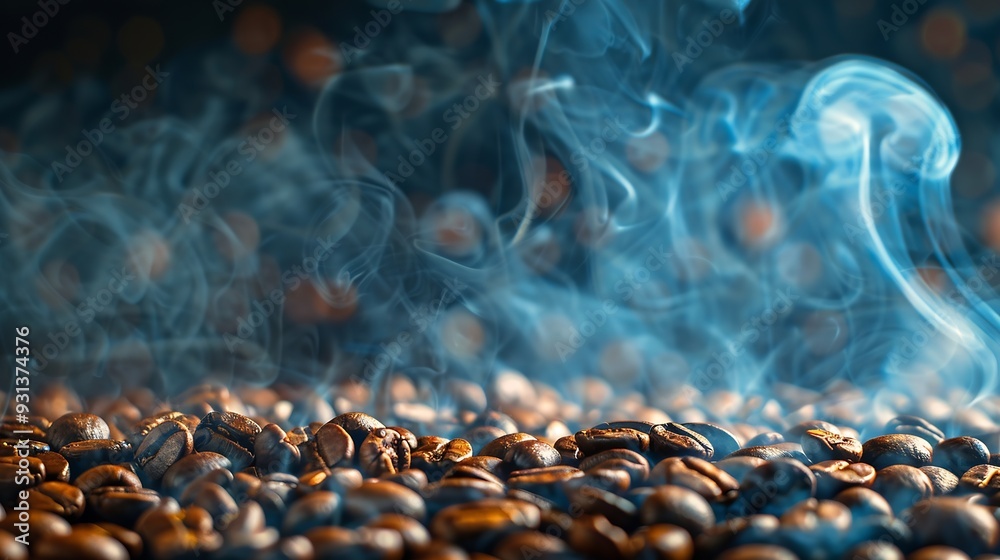 Poster coffee beans roasting with smoke selective focus and soft focus : generative ai