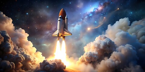 Naklejka premium Spaceship rocket shuttle taking off into starry space with blast and puffs of smoke , space mission, launch, rocket