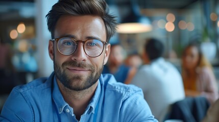 Fototapeta premium Business man portrait and smartphone in office with team in background for corporate work and collaboration Male professional mobile or tech with colleagues meeting behind for new job : Generative AI