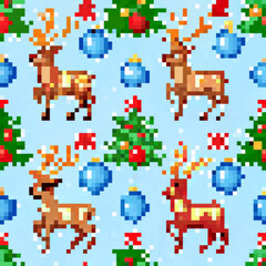 Festive Reindeer and Decorations in Pixelated Winter Scene