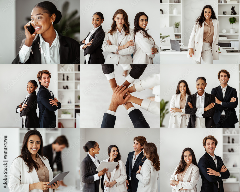 Poster a diverse group of professionals is shown engaging in various collaborative activities in a modern o