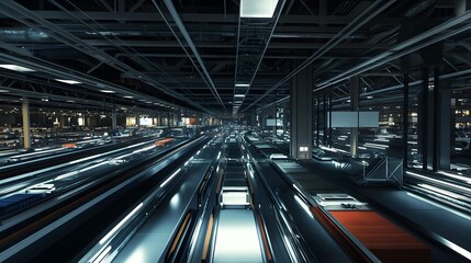 Naklejka premium Comprehensive View of Airport Baggage Handling System Revealing Intricate