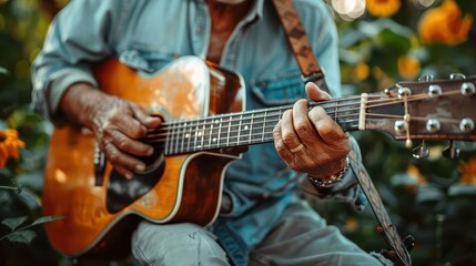 Obraz premium Closeup of a musician's hands playing a guitar on Labor Day