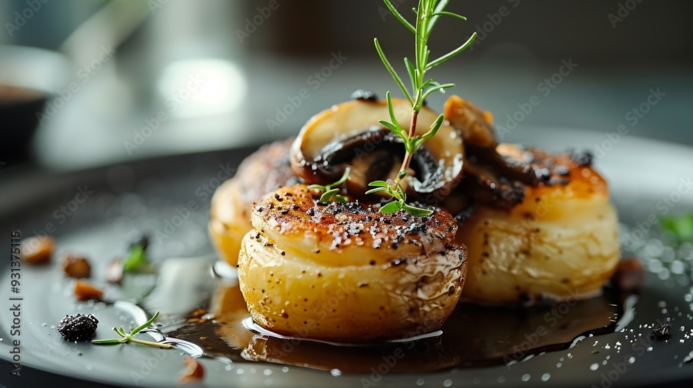 Poster exquisite potato confit and mushroom truffle fine dining this highquality image captures the artistr