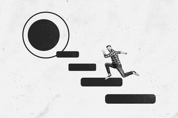 Composite photo collage of excited businessman run promotion ladder development portal success...