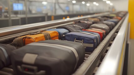 Fototapeta premium Conveyor Belt of Unclaimed Luggage Aftermath of Mishandled Travel Incident