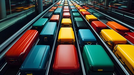 Obraz premium Conveyor Belts Transporting Diverse Luggage Through Airport Terminal