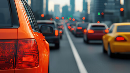 Urban traffic jam during rush hour in a city, with colorful cars lined up and blurred cityscape in the background.