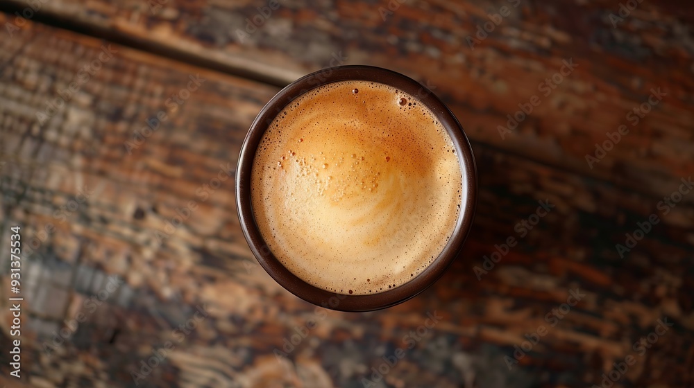 Poster top view of hot coffee latte art on wood table : generative ai