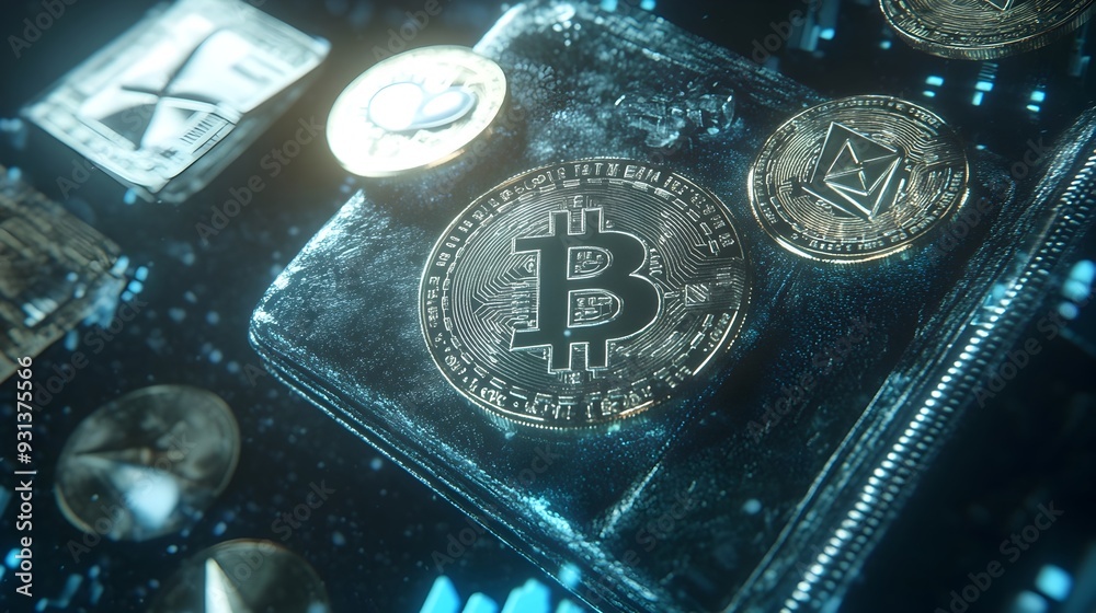 Aufkleber cryptocurrency symbols floating around a digital wallet showcasing the rise of decentralized finance