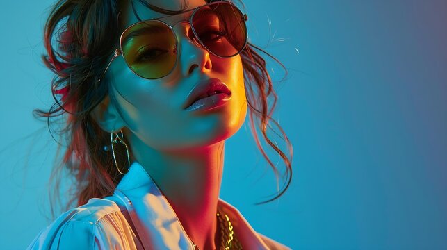 Chic modern style Elegant young woman wearing sarin shirt and golden luxurious jewelry against blue background in neon light Concept of modern fashion trendy style beauty youth culture : Generative AI