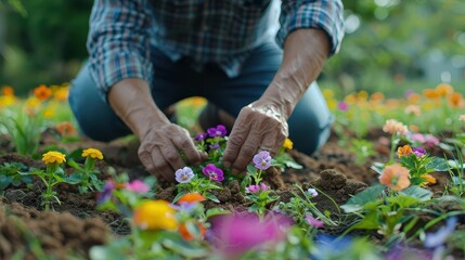 Fototapeta premium Close-up of a Thai gardener planting flowers, looking at the soil