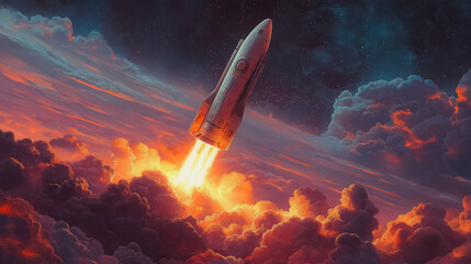 A rocket is flying through the sky with a bright orange and red sky in the background. The rocket is the main focus of the image, and it is in motion, possibly launching into space