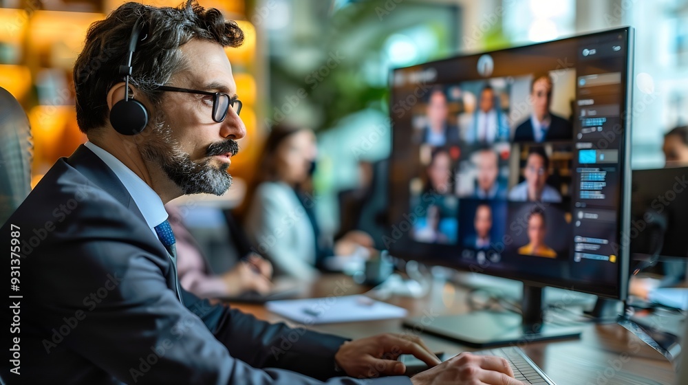 Poster Businessmen sitting in office and having online conference with employees via TV screen Connecting with colleagues remotely Concept of business teamwork cooperation with colleagues : Generative AI