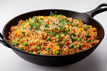 A black pan filled with rice and vegetables