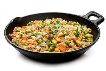 A black pan with rice and vegetables