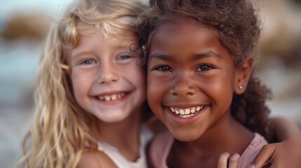 Fototapeta premium Two young girls smiling and embracing at the beach during sunset