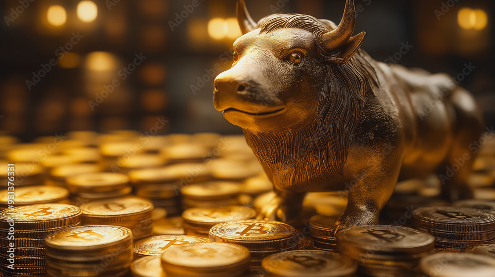 Wall mural a bull statue is standing on a pile of gold coins. the coins are arranged in a pyramid shape, with t