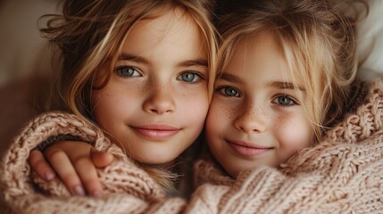 Two smiling girls embracing each other while wearing cozy sweaters indoors in soft natural light