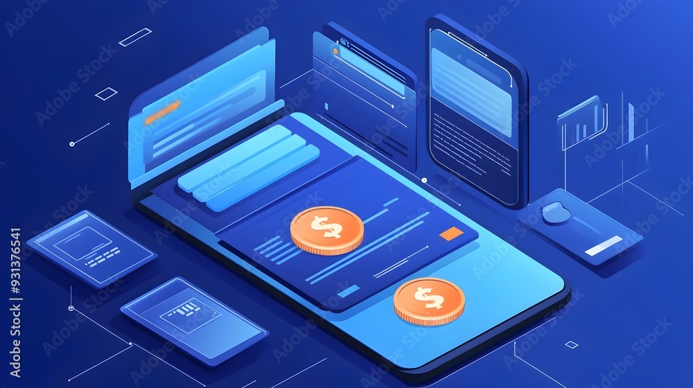 Poster digital wallet interface with savings and budgeting tools for financial planning