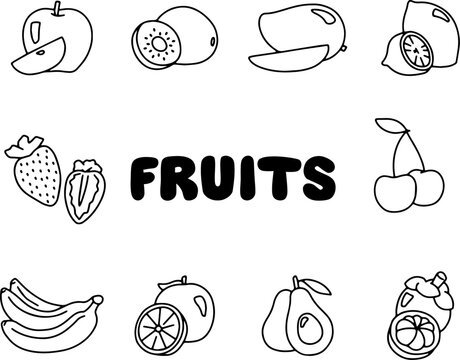 black and white various fruit outline vector icon set