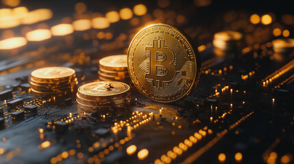 A gold coin sits on a black surface. There are other gold coins surrounding it