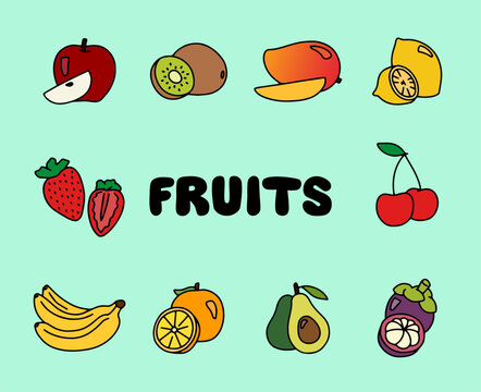 various colorful fruit vector set with black outline