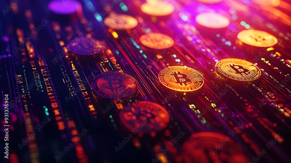 Poster digital wallet with flowing cryptocurrency coins abstract crypto finance concept